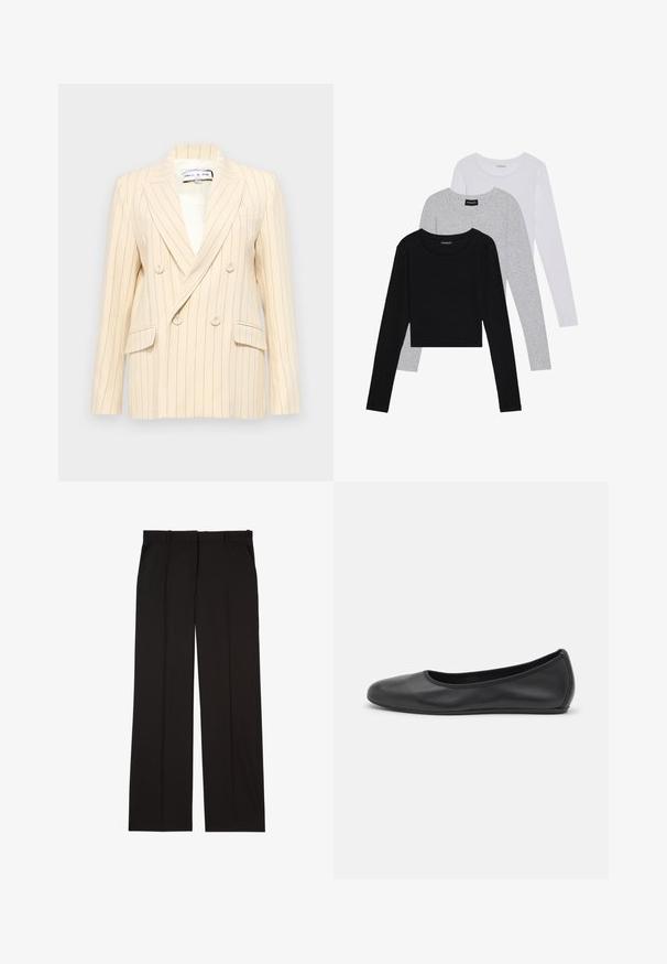 Beige pinstripe double-breasted blazer with notched lapels, two front pockets, and white lining. Features round buttons and structured shape.; Three long-sleeve tops stacked: black, grey, and white. Each has a round neckline and a cropped design with smooth, lightweight fabric.; Black tailored trousers made of a smooth fabric, featuring a straight-leg design, and two side pockets. Elegant and minimalistic construction.; Black leather ballet flat with a rounded toe, smooth texture, minimal stitching detail, and a flexible sole design.