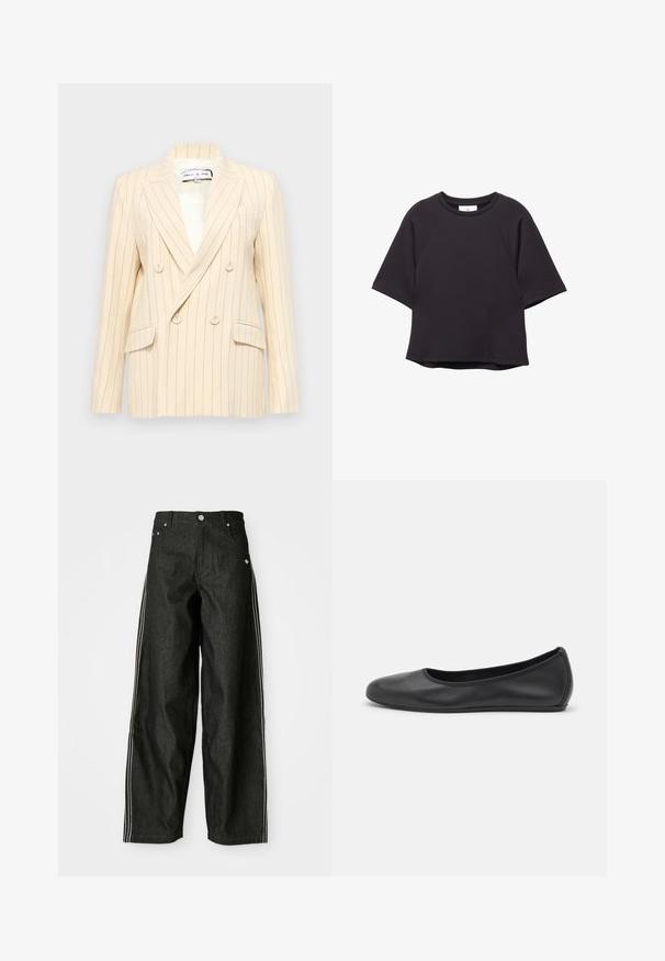 Blazer beige à rayures, croisé et à revers crantés, avec deux poches avant et doublure blanche. Présente des boutons ronds et une silhouette structurée.; T-shirt noir à manches courtes et col ras du cou avec des manches raglan et un ourlet droit, présenté sur un fond blanc.; Pantalons en denim noir à jambes larges avec des rayures latérales blanches, dotés de poches avant, d'une fermeture à bouton et d'un logo subtil près de la taille.; Ballerines en cuir noir avec un bout rond, texture lisse, détails de couture minimalistes et design de semelle flexible.