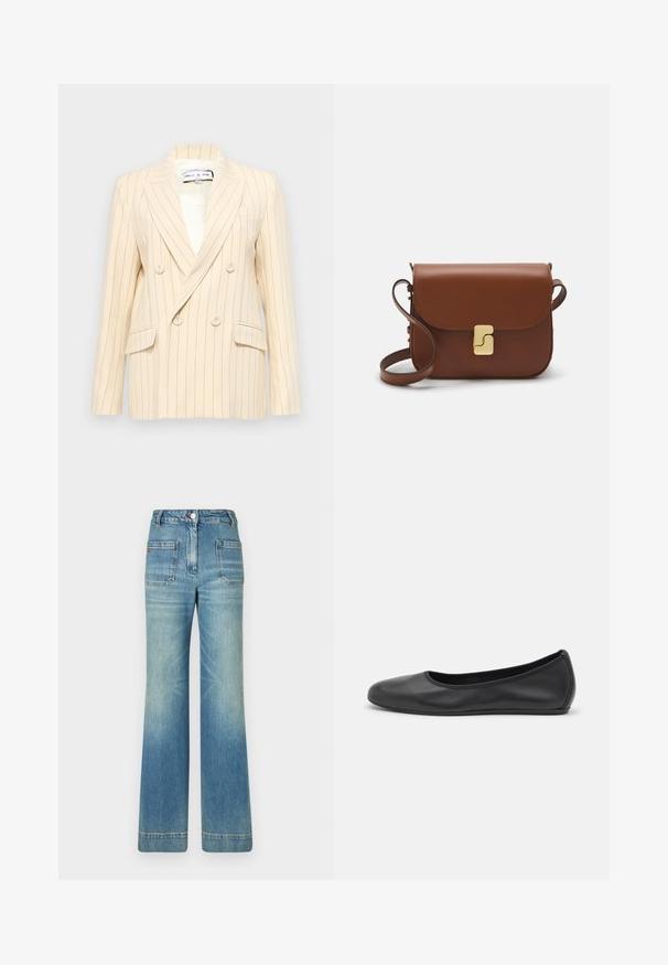 Blazer beige à rayures, croisé et à revers crantés, avec deux poches avant et doublure blanche. Présente des boutons ronds et une silhouette structurée.; T-shirt blanc à manches courtes en tissu côtelé. Col rond, coupe régulière et détails de couture subtils. Aucune motif ni graphique.; Jeans en denim bleu clair évasés avec cinq poches, passants de ceinture, fermeture à bouton et une texture légèrement décolorée, présentant un détail de logo rouge à l'arrière.; Ballerines en cuir noir avec un bout rond, texture lisse, détails de couture minimalistes et design de semelle flexible.; Sac à main en cuir marron avec une fermeture à rabat, des accents en métal doré, une bandoulière et une texture lisse. Forme rectangulaire compacte.