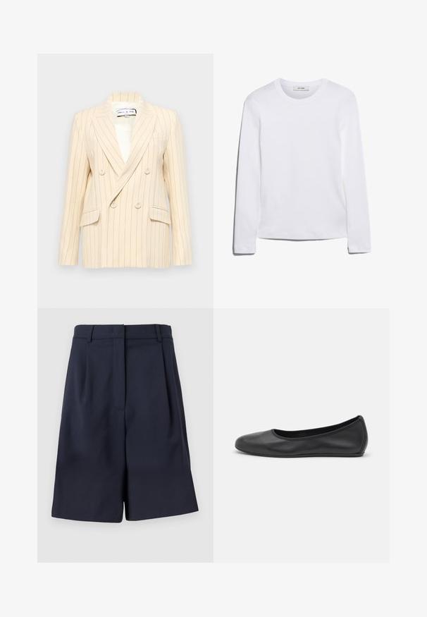 Beige pinstripe dobbeltrækker blazer med klapkrave, to forlommer og hvidt for. Har rund knapper og en struktureret form.; Langærmet hvid T-shirt lavet af ribbet bomuld, med rund halsudskæring og lige kant. Simpelt design uden mønstre eller accenter.; Mørkeblå skræddersyede shorts lavet af et glat stof med høj talje, folder foran og sidelommer. Ren, struktureret silhuet.; Sort læderballetsko med rund tå, glat tekstur, minimal syning og et fleksibelt såldesign.