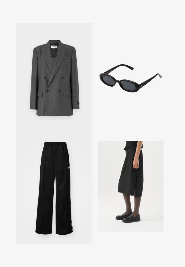Szary dwurzędowy żakiet z teksturowanej tkaniny. Posiada klapy o wycięciu, dwie przednie kieszenie oraz czarne guziki jako akcenty. Wykończony podszewką.; Szary sweter z dzianiny z szerokim dekoltem, długimi rękawami i ściągaczami. Materiał wydaje się miękki, z delikatną teksturą i luźnym krojem.; Lekka, krótka koszulka z krótkim rękawem w kolorze białym, wykonana z bawełny. Posiada swobodny krój z okrągłym dekoltem i opadającymi szwami ramion.; Czarne szerokie spodnie dresowe z elastycznym pasem, z białymi paskami po bokach i małym logo na lewym biodrze. Gładka tekstura materiału.; Czarna spódnica do kolan z bocznym rozcięciem, połączona z czarnymi mokasynami i przezroczystymi brązowymi rajstopami, charakteryzująca się gładkim materiałem i prostym wzorem.; Czarne, oversize okulary przeciwsłoneczne z owalnymi soczewkami, gładkim plastikowym mostkiem i złotymi akcentami na zausznikach. Ciemne soczewki zapewniają ochronę przed słońcem.