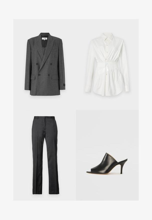 Szary dwurzędowy żakiet z teksturowanej tkaniny. Posiada klapy o wycięciu, dwie przednie kieszenie oraz czarne guziki jako akcenty. Wykończony podszewką.; Biała koszula z długim rękawem, dopasowana w talii, z błyszczącym akcentem paska. Wykonana z gładkiego, lekkiego materiału.; Dopasowane czarne spodnie garniturowe wykonane z gładkiego materiału. Charakteryzują się prostą nogawką, płaskim przodem oraz subtelnymi detalami w postaci załamań.; Czarne skórzane mule z odkrytymi palcami o smukłym, zakrzywionym kształcie, wysokim obcasie typu stiletto i gładkiej fakturze. Wnętrze ma kontrastujący jasny kolor.
