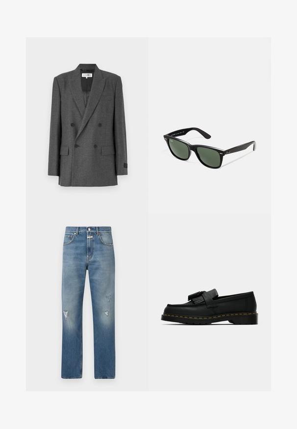 Sivi dvostruki blejzer iz teksturirane tkanine. Ima izrezane reverje, dva prednja žepa in črne gumbe. Podložena notranjost.; Črna kamizola z nežnim čipkastim robom po robovih, asimetrična zasnova, nastavljive naramnice in gladko satensko podobno tkanino.; Svetlo modri jeansi iz denima s sproščenim krojem, ki vsebujejo poškodovane obliže in zadrgo. Klasičen dizajn s petimi žepi in ravne hlačnice.; Črne usnjene loafer čevlje s resicami, rumenim šitjem ob podplatu in debelim, rebrastim gumijastim podplatom.; Črne plastične sončna očala z zelenimi lečami, kvadratni okvirji, srebrni detajl na obrvi in teksturirani ročaji. Blagovna znamka navedena na notranji strani ročaja.