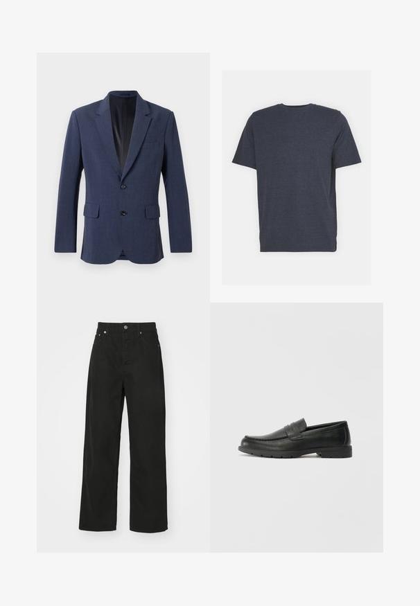 Tamnoplavi blazer napravljen od teksturirane tkanine s jednostrukim zatvaranjem, reverima u obliku slova notch, dva prednja džepa i dva gumba.; Tamnoplava majica s kratkim rukavima, okruglog izreza, izrađena od mekog pamučnog materijala, s regularnim krojem. Nema vidljivih uzoraka ili akcenata.; Crne traperice s ravnim nogavicama, koje imaju pet džepova, kopčanje na gumb i klasični pojas. Glatka tekstura.; Crne kožne mokasine s glatkom površinom, gornji dio u stilu mokasina, ojačani šavovi i gumeni potplat. Klasičan dizajn s niskom petom.