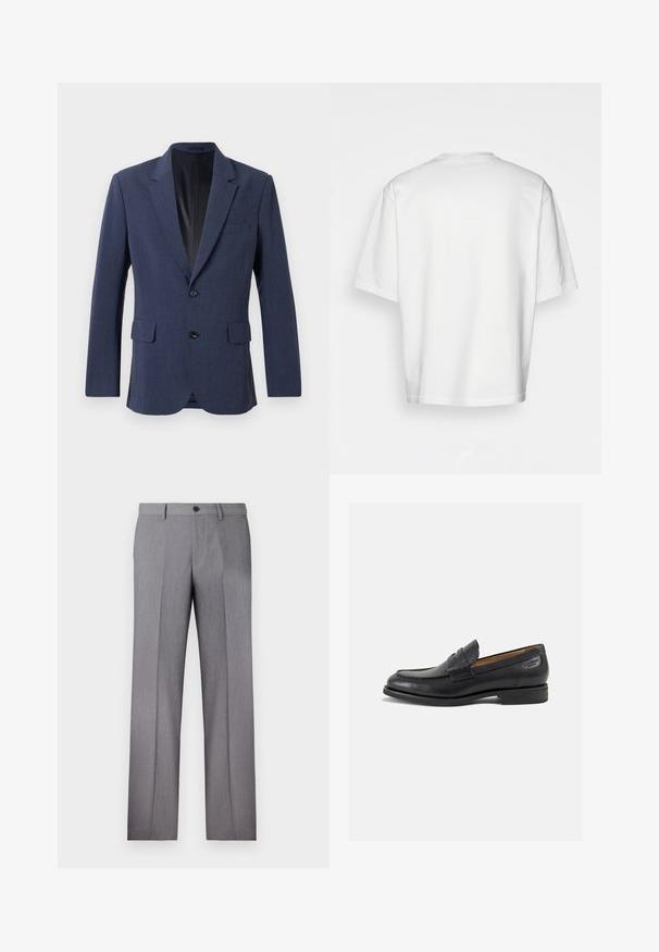 Tamsiai mėlyna švarka, pagaminta iš tekstūruoto audinio, su vienos krūtinės dizainu, įpjovomis apykaklėmis, dviem priekiniams kišenėms ir dviem mygtukais.; Balta trumpa rankovėmis marškinėliai, laisvas kirpimas, apvalus iškirpimas, lygaus džinsinio audinio, nepuošta nugara, tiesiai kraštu, be raštų ar akcentų.; Pilkos pritaikytos kelnės su plokščiu priekiu, dviem šoninėmis kišenėmis ir vienu mygtuko užsegimu. Lygi tekstūra su subtiliu dryželiu.; Juodi odiniai loafersai su lygiu paviršiumi, apvaliu pirštu ir dekoratyvine siūlė viršuje. Žemas sustiprintas kulnas ir lengvas blizgesys.