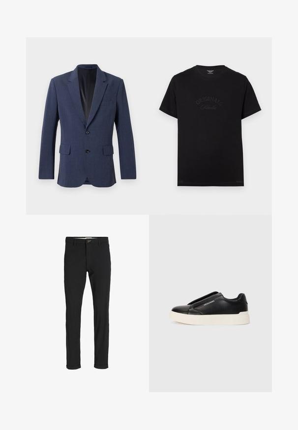 Blazer azul marino hecho de tejido texturizado con un diseño de un solo botón, solapas en pico, dos bolsillos frontales y dos botones.; Camiseta de algodón negra de manga corta y escote redondo. Presenta "ORIGINALS Studio" en relieve con letras a tono en el frente.; Pantalones de mezcla de algodón negros con corte ajustado, que presentan un cierre de botón, bolsillos y puños enrollados para un acabado casual.; Zapatillas negras sin cordones con parte superior de cuero texturizado, suela de goma blanca y sin cordones visibles. Presenta el logo de la marca en el costado.