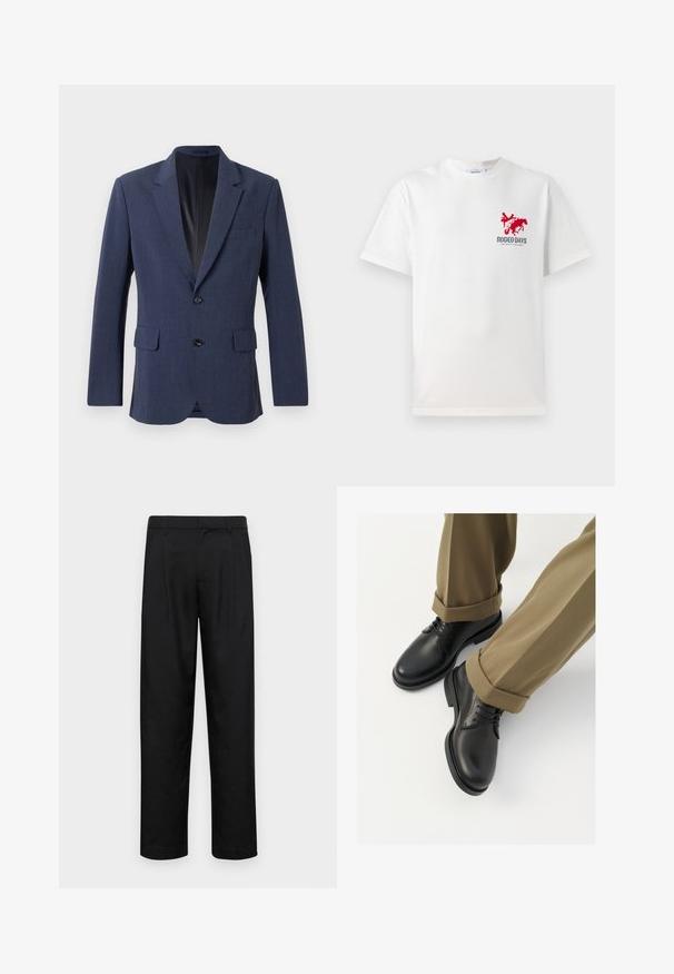 Blazer azul-marinho feito de tecido texturizado com design de botão único, lapelas com corte em bico, dois bolsos frontais e dois botões.; T-shirt de algodão branco com um gráfico de um cowboy vermelho e um cavalo no lado esquerdo do peito, com o texto "DIA DE RODEIO" abaixo do design.; Calças pretas feitas de tecido suave, com um design de perna reta, dois pregas frontais e uma cintura padrão com passantes para cinto.; Sapatos de pele preta com um acabamento liso, com atacadores e bico arredondado, combinados com calças cáqui arregaçadas.