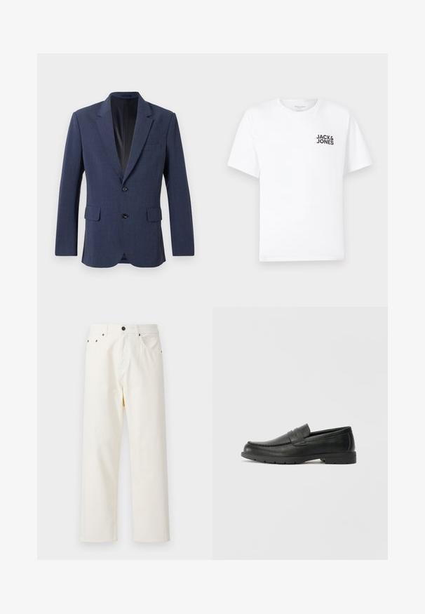 Blazer blu navy realizzato in tessuto testurizzato, con design monopetto, rever a punta, due tasche anteriori e due bottoni.; T-shirt bianca in cotone, maniche corte, collo rotondo. Presenta un logo in testo nero "JACK & JONES" nell'area sinistra del petto. Design semplice e minimale.; Jack & Jones JPSTALEX ORIGINAL - Jeans baggy - antique white; Mocassini neri in pelle con una finitura liscia, parte superiore in stile mocassino, dettagli cuciti e suola in gomma. Design classico con tacco basso.