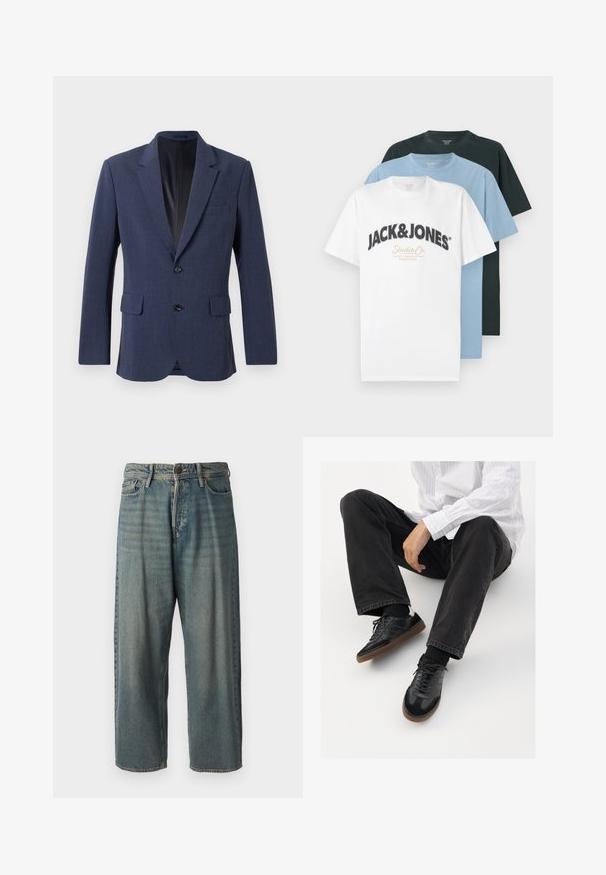 Blazer azul-marinho feito de tecido texturizado com design de botão único, lapelas com corte em bico, dois bolsos frontais e dois botões.; Três t-shirts dobradas de manga curta com decote redondo em branco com o logo Jack & Jones, azul claro e preto, empilhadas contra um fundo branco.; Jeans de ganga azul claro com um corte solto, cintura média e pernas retas. Apresenta cinco bolsos, passadores de cinto e fecho com botão.; Sneakers pretos com parte superior lisa e texturada, apresentando uma sola de borracha e atacadores escuros. Combinados com jeans pretos e uma camisa branca às riscas.