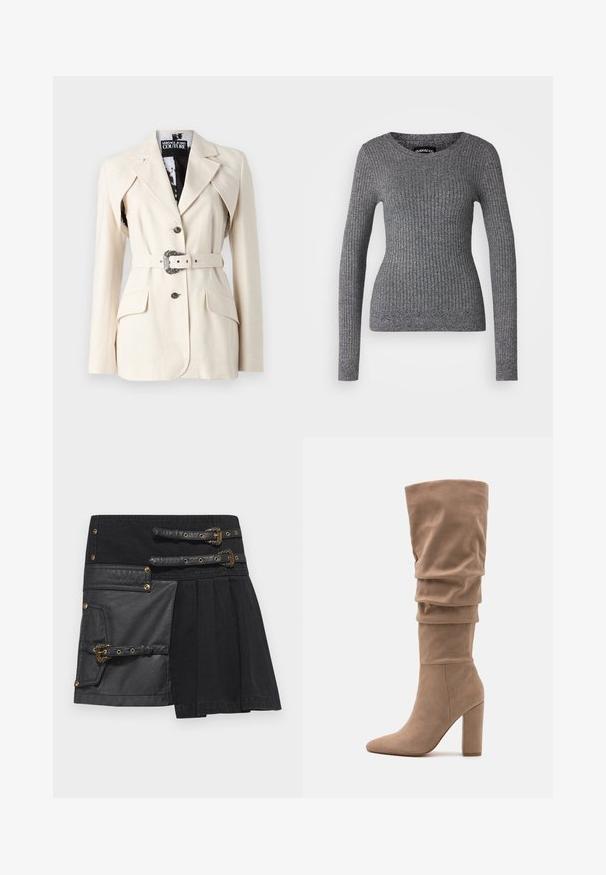 Bežs pielāgots žakets ar divām frontālām kabatām, vienu pogu aizdari, jostu ar greznu metāla sprādzi un izgrieztu apkakli.; Pelēks ribots džemperis ar garām piedurknēm un apaļu kakla izgriezumu. Izgatavots no strukturēta dzijas auduma, ar pieguļošu siluetu.; Melnā svārku kleita ar ādas akcentiem, sprādzes detaļām un tekstūru maisījumu. Ietver kabatu kreisajā pusē un krokotu dizainu.; Anna Field Zābaki - beige