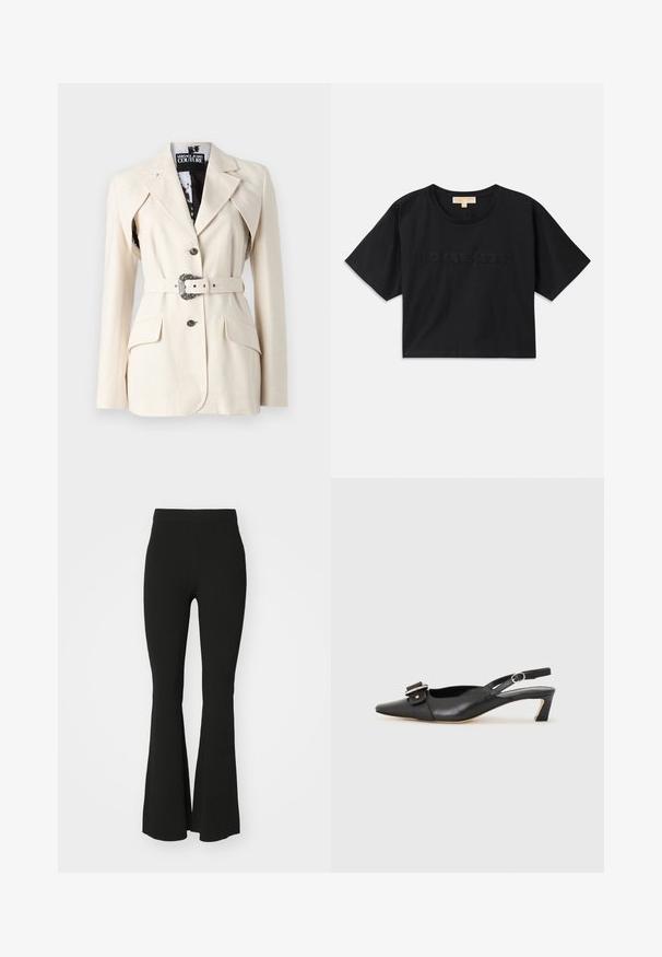 Beige skräddarsydd blazer med två framfickor, enknapps-stängning, bälte med utsmyckad metallsäkerhetskropp och slagkrage-design.; Svart kortärmad t-shirt av bomull. Har rund halsringning och korta ärmar. "MICHAEL KORS" broderad i matchande färg framtill.; Svarta flarebyxor i stretchtyg med hög midja och en slät, odekorerad yta. Enkelt och figurnära design.; Svart lädersko med slingback, spetsig tå, liten klack och dekorativ spänndetalj på ovansidan. Slät struktur, minimalistisk design.