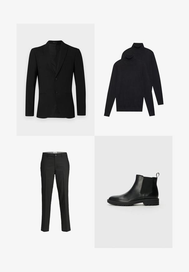 Crni sako s izrezanom reverom, jednostrukim kopčanjem, dva dugmeta i ušivenim džepovima; glatka tekstura i prilagođen kroj.; Dva crna pulovera s dugim rukavima i visokim ovratnikom, jednostavna pletenina, složeni jedan iza drugog na bijeloj pozadini.; Crne hlače, krojene u prilagodljivom fitu, glatka tkanina, srednji struk, prednje kopčanje na dugme, dijagonalni džepovi i pregibi duž nogu.; Jack & Jones JFWHOSKINS - Klasične gležnjače - anthracite