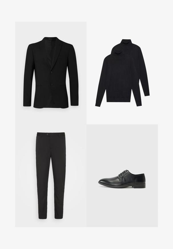 Giacca nera con rever a notched, design a un petto con due bottoni e tasche a nappe; texture liscia e vestibilità su misura.; Due maglioni a collo alto neri a maniche lunghe, lavorati a maglia semplice, impilati con uno leggermente dietro l'altro su uno sfondo bianco.; Pantaloni neri, taglio sartoriale con gamba dritta, tasche frontali e chiusura a bottone. Realizzati in tessuto liscio con una leggera lucentezza.; Scarpe in pelle nera con lacci, dalla finitura liscia, con punta affusolata e tacco basso a blocco. Presentano cinque paia di occhielli per i lacci.