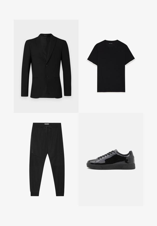 Casaco preto com lapela de bico, design de um só botão, dois botões e bolso embutido; textura suave e ajuste sob medida.; T-shirt preto de manga curta com um tecido texturizado, apresentando detalhes brancos nas mangas. Decote arredondado, ajuste descontraído.; Calças de treino pretas feitas de tecido texturizado, com uma cintura ajustável, bolso lateral com fecho e punhos afunilados.; Ténis pretos em couro brilhante com bico redondo, sola plana de borracha e atacadores pretos. Superfície superior lisa e brilhante.