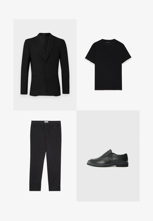 Crni sako s izrezanom reverom, jednostrukim kopčanjem, dva dugmeta i ušivenim džepovima; glatka tekstura i prilagođen kroj.; Crna majica kratkih rukava od teksturiranog materijala, s bijelim detaljima na manžetama. Okrugli izrez, ležerni kroj.; Crne pamučne hlače uskog kroja, s dva bočna džepa i prednjim zatvaranjem na dugme. Teksturirana tkanina s suptilnim detaljima.; Crne kožne cipele na sklapanje s glatkom gornjom površinom, prošivenim detaljima, zaobljenim vrhom i niskim gumene potplate. Potplat ima minimalne uzorke.