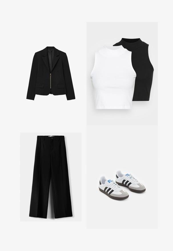 Blazer nero con design strutturato, caratterizzato da un colletto a risvolto, chiusura frontale con zip, due tasche frontali e texture del tessuto liscia.; Due top in maglia senza maniche, a collo alto, in nero e bianco, con un design aderente e una superficie liscia, di lunghezza cropped.; Pantaloni neri a gamba larga realizzati in tessuto leggero, caratterizzati da una chiusura frontale con bottone e frontale piatto, con orli cuciti con precisione.; Scarpe sportive con tomaia in pelle bianca, punta in suede grigia e tre strisce nere. Presentano un logo blu sulla linguetta e una suola in gomma testurizzata.