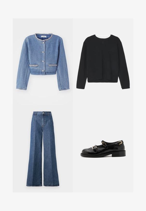 Világoskék farmer cropped dzseki kerek, gyöngyös gallérral, ezüst színű gombos záródással és két gyöngyös dísztasakkal.; Fekete pulóver hosszú ujjakkal, kerek nyakkivágással és enyhén cropped aljjal. Puha anyagból készült, az elején egy diszkrét logóval.; Nagyméretű kék farmernadrág magas derékkal, klasszikus öt zsebes stílussal és gombos záródással, struktúrált pamutszövetből készült.; Fekete bőrcipők brogue díszítéssel, két csattal, lekerekített orral és alacsony sarokkal. Simább felület fényes kivitelben.
