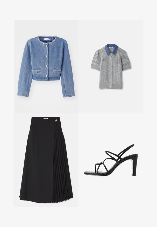 Hele sinine denimpesu, millel on ümmargune, helmestega krae, hõbedased nööbid ja kaks helmestega aksenttaskut.; Hallide halli lühikeste varrukatega kardigan, millel on keerduv muster, denimist krae ja viis kuldset nööpi esiteljel.; Mustaline seelik, millel on ühel küljel volditud disain, valmistatud kergest kangast, varjatud tõmbluku ja küljetaskutega.; Mustad mustekad jalanõud õhukeste rihmadega, tekstuuritud pinnaga, avatud varba ja libiseva, terava kontsaga disain. Omab sileda sisesooli ja läikivat pinda.