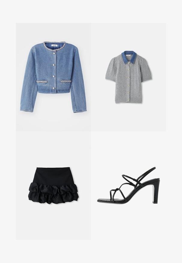 Gaiši zils džinsa cropped virsjaka ar apaļu, pērlītēm rotātu apkakli, sudraba pogu aizdari un divām pērlītēm akcentētām kabatām.; Pelēks adīts īsām piedurknēm kardigans ar stīgas rakstu, ar džinsa apkakli un pieciem zelta pogām priekšpusē.; Melnā mini svārki ar piegulīgu augšu un trim ruffles slāņiem apakšā, ar gludu tekstūru un tīrām līnijām.; Melnas papēžu siksniņas ar plānām siksnām, teksturētu apdari, atvērtu purngalu un elegantu, smailu papēdi. Iezīmē gludu iekšējo daļu un spīguļojošu virsmu.