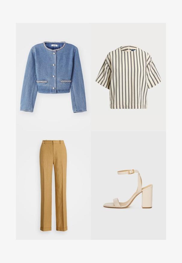 Šviesiai mėlynas džinsinis trumpas švarkelis su apvaliu, karoliukų apdaila, sidabro spalvos sagų užsegimu ir dviem karoliukų akcento kišenėmis.; Kreminės ir tamsiai mėlynos juostelės trumpų rankovių marškinėliai, turi apvalų iškirpimą ir dėžutės tipo dizainą, pagaminti iš tekstūruotos medžiagos.; Polo Ralph Lauren YARD LINEN FULL FLAT FRONT - Kelnės - sand dune; Bežinės aukštakulnės šlepetės su kvadratiniu носu, plona kulkšnies juosta ir blokiniu kulnu. Lygus odos tekstūra su aukso sagte.