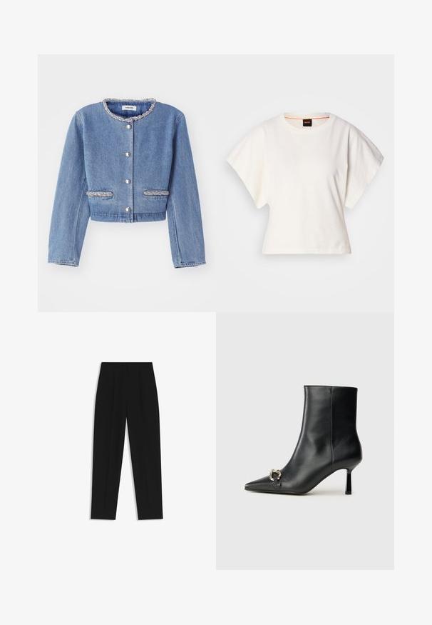 Giacca in denim azzurro chiaro a vita corta con colletto rotondo decorato con perline, chiusure a bottoni argentati e due tasche decorate con perline.; T-shirt bianca cropped, maniche corte e larghe, tessuto di cotone morbido, scollatura rotonda con bordino arancione sottile, design minimale, senza motivi o grafiche.; Pantaloni neri a taglio dritto, con doppie pieghe, una texture liscia e un design classico in vita. Nessun hardware o dettaglio visibile.; Stivale alla caviglia in pelle nera con punta affusolata, tacco sottile di media altezza e dettaglio in fibbia argentata sul lato, su sfondo semplice.