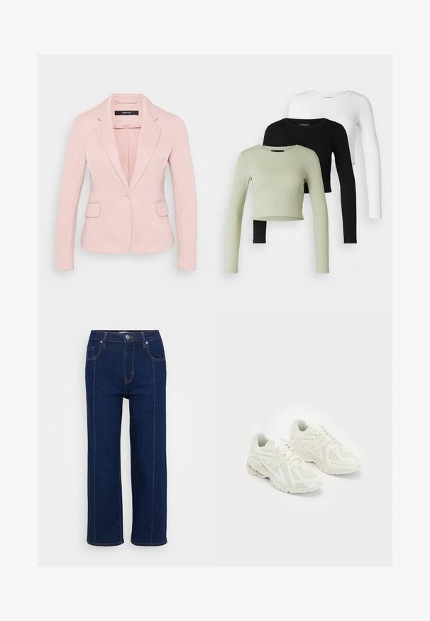 Svetlo roza blazer z notčnimi reverji, enojnim gumbom in dvema sprednjima žepoma. Gladka tkanina in krojen fit.; Even&Odd Petite 3 PACK - Majica z dolgimi rokavi - black/white/light green; Temno modri ravni jeans z gumbnico, sprednjima in zadnjima žepoma ter vidno oranžnim šivom ob šivih.; Beli športni copati iz mrežastih in sintetičnih materialov, z vezalkami, oblazinjenim ovratnikom in strukturiranim podplatom za oprijem. Lahka konstrukcija.