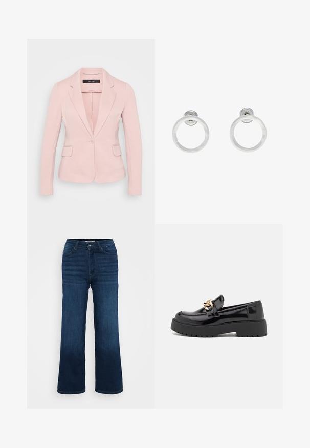 Heled roosa bleiser, millel on lõigatud krae, ühekordne nööbikinnitus ja kaks eesmist taskut. Sile kangas ja kohandatud lõige.; Even&Odd Petite 2 PACK - Topp - light grey/black; ONLY Petite ONLMADISON BLUSH WIDE - Wide leg - dark blue denim; Mustad musta läikiva nahaga loaferid, millel on jäme must tald ja kuldsed detailid. Sujuv tekstuur ja ümar varvaste disain.; Hõbedased metallist rõngastooted, millel on harjatud tekstuur, ümmargune disain ja selge tagumine post, tagamaks kindlat kandmist.