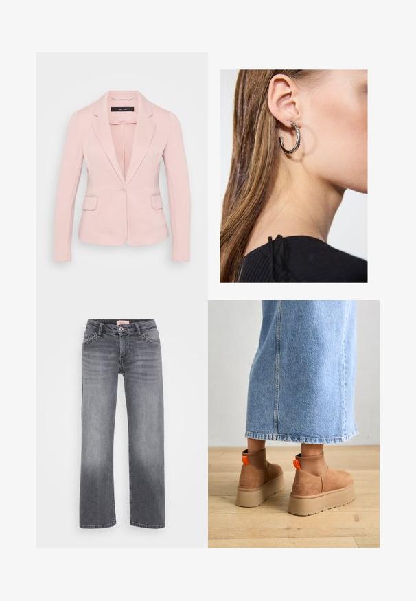 Light pink blazer with notched lapels, single button closure, and two front pockets. Smooth fabric and tailored fit.; Even&Odd Petite 2 PACK - Top - light grey/black; Gray denim jeans with a straight leg design, five-pocket style, subtle fading, and a button closure at the waist.; Brown suede platform boots with elastic side panels and orange pull tabs, paired with a knee-length light denim skirt on a wooden floor.; Silver hoop earring with a polished finish, featuring small gold accent details and a round shape, worn on the lobe.