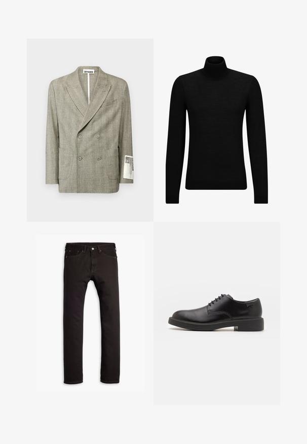 DRYKORN MONTELINO - Öltönyzakó - grey; Fekete garbó pulóver puha anyagból, hosszú ujjakkal és szoros fazonnal. Ribbed díszítés az alján és az ujjak végén. Egyszerű dizájn.; Fekete, slim fit farmernadrág öt zsebbel és gombos záródással, síkban elhelyezve egy fehér háttéren.; Fekete bőrcipő, kerek orrú, sima felületű, minimális varrással és alacsony gumitalppal. Logó a sarokrészen.