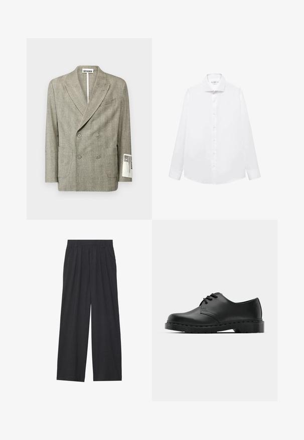 DRYKORN MONTELINO - Colbert - grey; Witte lange mouwen overhemd gemaakt van zachte katoen, met een puntige kraag, voorknopsluiting en rechte zoom.; Wijd-uitlopende broeken van donkergrijze stof. Kenmerken zijn plooien bij de taille, een tailor-made ontwerp en een rechte silhouet.; Zwarte leren oxford schoenen met vetersluiting, ronde neus, platte rubberen zool en subtiele stiksel details langs het bovenwerk.