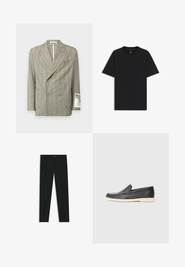 DRYKORN MONTELINO jasnoszary; Czarny t-shirt krótki rękaw wykonany z gładkiej mieszanki bawełny, z okrągłym dekoltem i minimalistycznym designem bez wzorów czy akcentów.; Czarne spodnie materiałowe z prostymi nogawkami, wykonane z gładkiego materiału. Posiadają zamek na guzik z przodu oraz szlufki na pasek. Gładkie, bez wzorów.; Czarne skórzane slip-ony w stylu loafers z teksturowanym wykończeniem i kontrastującą beżową gumową podeszwą. Posiadają delikatny akcent wzdłuż przodu.