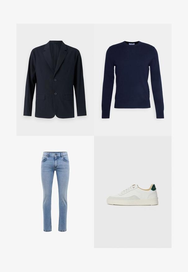 Navy blue, textured blazer with a notched lapel, two front flap pockets, and two buttons. Tailored fit with minimalist design.; Navy blue crew-neck sweater made of soft fabric, featuring long sleeves and a ribbed hem. No visible patterns or embellishments.; Light blue denim jeans with a slim fit, five pockets, and a straight leg design. Features a zipper fly and belt loops. Soft texture.; White sneaker with suede accents, rounded toe, flat laces, and a cream rubber sole. Features green branding on the heel.