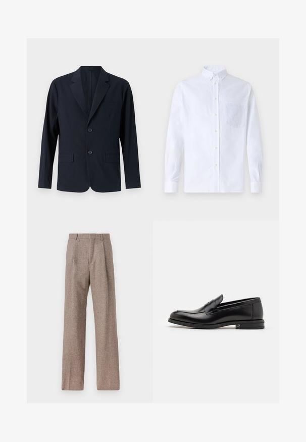 Svetloplavi, teksturirani sako s uskim reverima, dva prednja džepa s flapom i dva dugmeta. Pristajanje kroja s minimalističkim dizajnom.; Bijela košulja s dugim rukavima na dugme, izrađena od pamuka, s džepom na prsima s ton-sur-ton vezom, ovratnikom i dugmadi na manžetama.; Smeđe, hlače viskog struka od teksturiranog materijala. Imaju široke nogavice i dva prednja pregiba za strukturu. Uređen završetak bez vidljivih metalnih dijelova.; Crni kožni mokasini s glatkom teksturom, zaobljenim prstima i ukrasnom trakom preko prednjeg dijela. Niski slojeviti potplat, minimalistički dizajn.