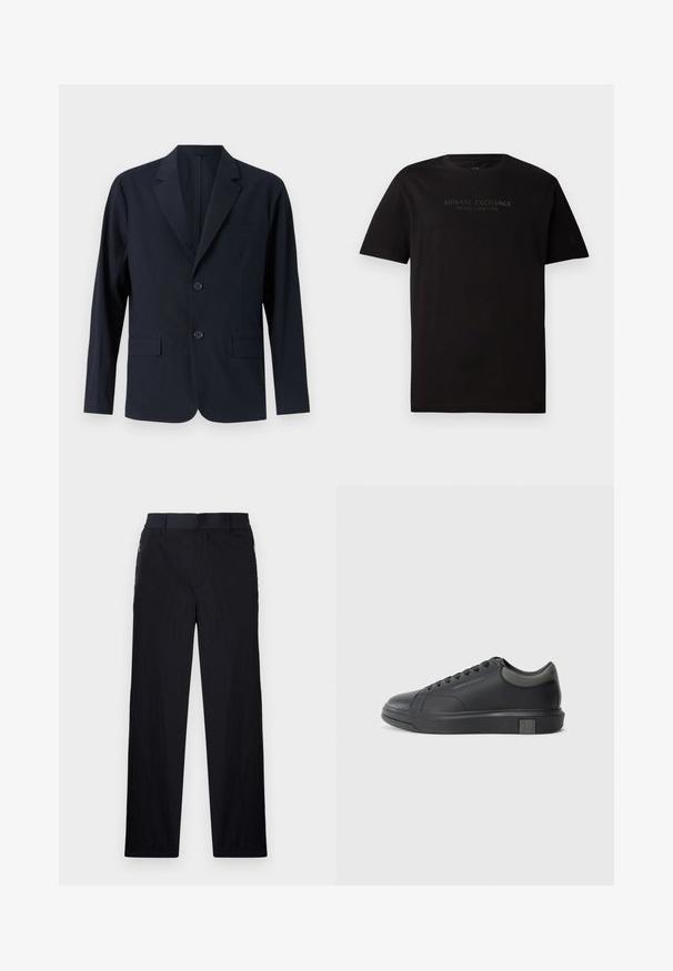 Tumedat sinine, tekstureeritud bleiser, millel on lõikega krae, kaks ees asuvat taskut ja kaks nööpi. Kohandatud sobivus minimalistliku disainiga.; Must musta t-särk, millel on ümmargune kaelus ja lühikesed varrukad. Ees on välja toodud reliefne tekst "ARMANI EXCHANGE MILANO / NEW YORK".; Mustad püksid, millel on kerge, tekstuuriga kangas, sirge jala disain, elastne vöökoht ja küljetaskud sipsiga.; Musthave mustad nahk sneaker sileda viimistlusega, ümarate varvaste ja tummiste hallide aktsentidega. Omab paeltega kinnitust ja tekstureeritud kummist talla.