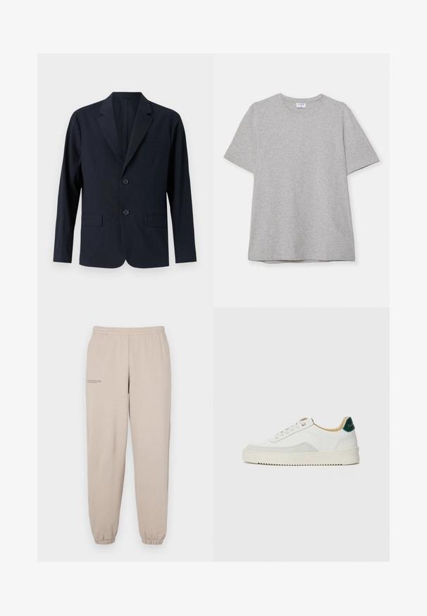 Blazer blu navy, texturizzato, con rever a punta, due tasche anteriori a pattina e due bottoni. Vestibilità su misura con design minimalista.; T-shirt grigio a maniche corte realizzato in morbido tessuto testurizzato. Presenta un classico colletto a girocollo e un orlo dritto, adatto per un abbigliamento casual.; Pantaloni della tuta beige realizzati in un tessuto morbido, con vita e polsini elastici, e un piccolo dettaglio di testo stampato sulla gamba sinistra.; Sneaker bianco con accenti in camoscio, punta rotonda, lacci piatti e suola in gomma crema. Presenta un marchio verde sul tallone.