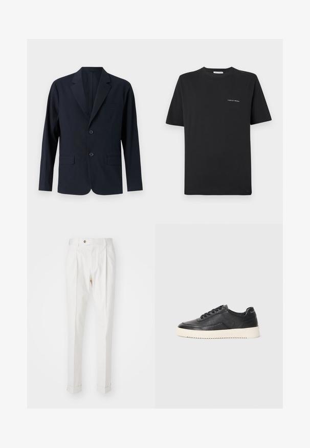Marineblå, strukturert blazer med spiss krage, to frontlommer med klaff og to knapper. Skreddersydd passform med minimalistisk design.; Svart bomulls T-skjorte med rund hals, korte ermer og en liten hvit "TIGER OF SWEDEN"-logo på brystet. Klassisk passform.; Hvite, skreddersydde bukser med flat front, to legg, og oppbrett. Laget av et glatt stoff med knappelukking i livet.; Svart lær sneakers med teksturert overflate, rund tå og flat hvit gummisåle. Har svarte snører og merkevare på hælen.
