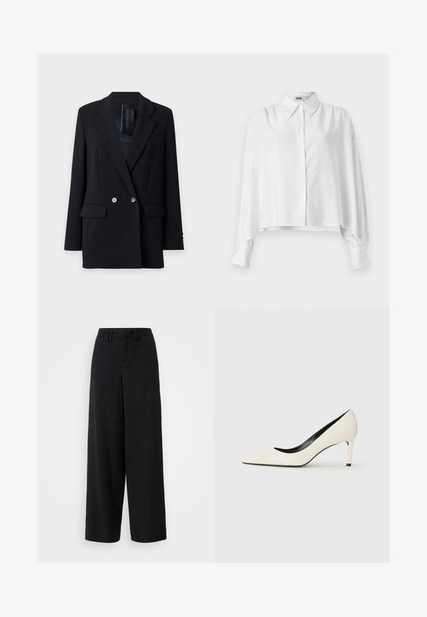 DRYKORN WARDLOW - Blazer - black; White button-up shirt with a relaxed fit, featuring a spread collar, long sleeves, and a slightly cropped hem. Smooth, lightweight fabric.; Black wide-leg trousers made of smooth fabric, featuring a flat-front design, pleated details, and belt loops at the waistband.; White patent leather high-heeled pump with a pointed toe, slim heel, and black interior detailing. Smooth texture and sleek design.