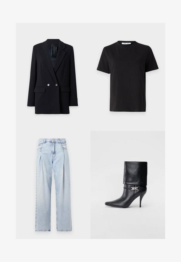 DRYKORN WARDLOW - Žakete - black; Melna īsām piedurknēm T-kreklu, kas izgatavots no mīksta kokvilnas, ar apļveida kakla izgriezumu, brīvu piegriezumu un gludu tekstūru. Nav redzamu rakstu vai grafikas.; Gaiši zilas džinsu bikses ar augstu jostasvietu, plats kāju griezumu, divām sānu kabatām un krokotā dizaina akcentiem. Mīksta tekstūra ar izdilušu apdari.; Melnas ādas potīšu zābaki ar smailu purngalu, augstu stiletto papēdi, salocītu aproci un zeltītu dekoratīvu sprādzi uz potītes.