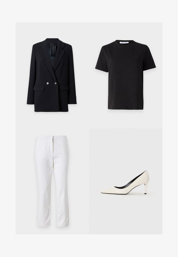 DRYKORN WARDLOW - Blazer - black; Camiseta negra de manga corta hecha de algodón suave, con un cuello redondo, corte relajado y una textura lisa. Sin patrones ni gráficos visibles.; Pantalones de algodón blancos con un diseño de pierna recta, que cuentan con una cintura de media altura y sin herrajes o patrones visibles. Textura suave en todo su recorrido.; Bailarina de charol blanco con tacón alto, punta afilada, tacón delgado y detalles interiores en negro. Textura suave y diseño elegante.