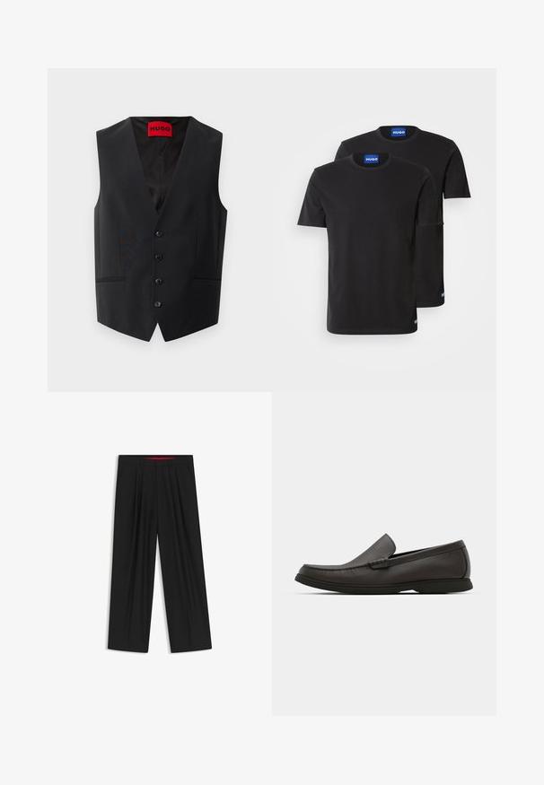 Musta liivi, jossa on sileä pinta, viiden napin edessä suljenta ja kaksi sivutaskua. Vahvistettu syvä V-pääntie ja punainen etiketti sisäpuolella.; Kaksi mustaa puuvillapaitaa, joissa on pyöreät kaula-aukot, lyhyet hihat ja siniset "HUGO" -tarrat kaula-aukossa ja sivusaumassa.; Musta leveälahkeinen housu, jossa on litteä etuosa, kaksi sivupistettä, laskostettu muotoilu ja kontrastivärinen punainen vyötärön sisäosa.; Tummanruskeat nahka loaferit, joissa on pyöreä nenä, hienovaraiset ommelsyyt ja matala kumipohja. Sileä tekstuuri ja joustava istuvuus.
