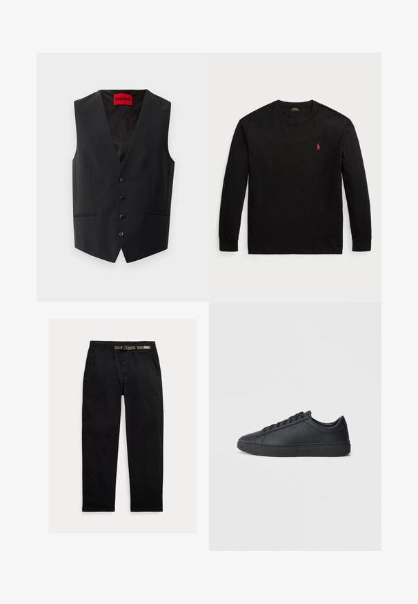Zwarte dress vest met een gladde textuur, vijfknopen sluiting aan de voorkant en twee zijzakken. Heeft een diepe V-halslijn en een rode label aan de binnenkant.; Zwarte longsleeve t-shirt van katoen. Heeft een ronde hals, ribgebreide manchetten en een klein rood geborduurd logo op de borst. Vlotte textuur.; Zwarte broek van lichtgewicht stof, met een elastische tailleband en een geïntegreerde groene riem, recht model en zijzakken.; Zwarte sneakers van glad leer met een lage schacht, ronde neus en platte rubberen zool. Voorzien van veters en subtiele branding.