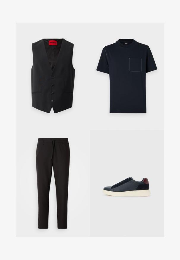 Μαύρο γιλέκο με λεία υφή, πέντε κουμπιά μπροστά και δύο πλάγιες τσέπες. Διαθέτει βαθύ ντεκολτέ σε V και κόκκινη ετικέτα στο εσωτερικό.; Ναυτικό μπλε κοντομάνικο μπλουζάκι από βαμβάκι με στρογγυλή λαιμόκοψη και μπροστινή τσέπη με αντίθετες λευκές ραφές.; Μαύρο παντελόνι τζόγκινγκ φτιαγμένο από λείο ύφασμα. Διαθέτει ελαστική μέση με κορδόνι, κωνικά πόδια και χωρίς ορατές τσέπες. Απλός σχεδιασμός.; Ανδρικά παπούτσια sneaker χαμηλού ύψους σε μαύρο δέρμα και σουέτ, με ταμπέλα στη φτέρνα σε μπορντό χρώμα και λευκή καουτσούκ σόλα, προβαλλόμενα από την εξωτερική πλευρά.