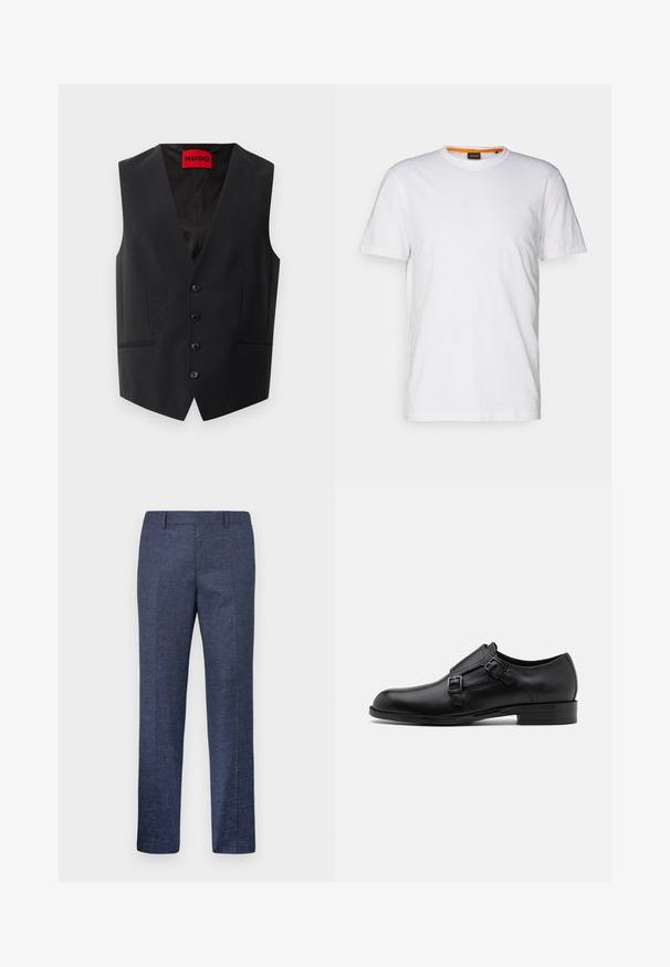 Černá vesta s hladkým povrchem, pět tlačítek na přední straně a dvě boční kapsy. Má hluboký výstřih do V a červenou etiketu uvnitř.; Bílý bavlněný tričko s kulatým výstřihem, krátkými rukávy a jemně embosovaným logem na hrudi. Vnitřní štítek má oranžový akcent.; Námořnické modré kalhoty vyrobené z texturované tkaniny, s rovnými nohavicemi, plochým předním dílem a dvěma bočními kapsami. Žádné viditelné vzory ani akcenty.; Černé kožené společenské boty s dvojitými sponami, elegantní silueta a kulatá špička. Mají nízký podpatek a hladký povrch.