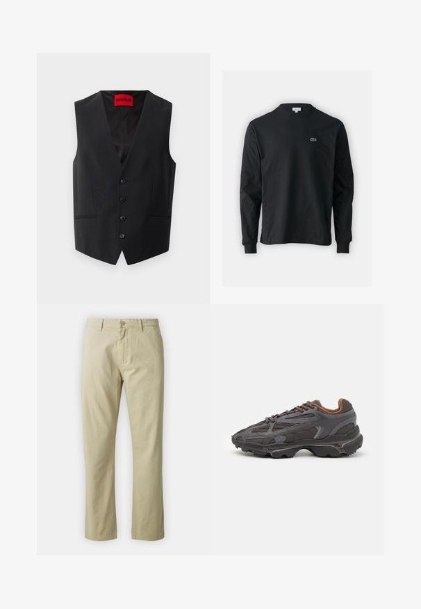 Melns žaketes uzvalks ar gludu tekstūru, piecu pogu priekšējā aizdare un divām sānu kabatām. Iezīmējas ar dziļu V veida kakla izgriezumu un sarkanu uzrakstu iekšpusē.; Melna garām piedurknēm t-krekls, izgatavots no kokvilnas, ar apaļu kakla izgriezumu un mazu zaļu izšūtu krokodila logo kreisajā krūtī.; Beidzīgo kokvilnas bikses ar taisnu kāju piegriezumu, priekšējo pogu aizdari un jostas cilpām. Gluda tekstūra, nav redzamu rakstu vai akcentu.; Lacoste kedas tumši pelēkā krāsā ar acu audumu un sintētisko materiālu, ar teksturētu zoli un brūniem akcentiem apkaklītē un zīmola uzrakstā.