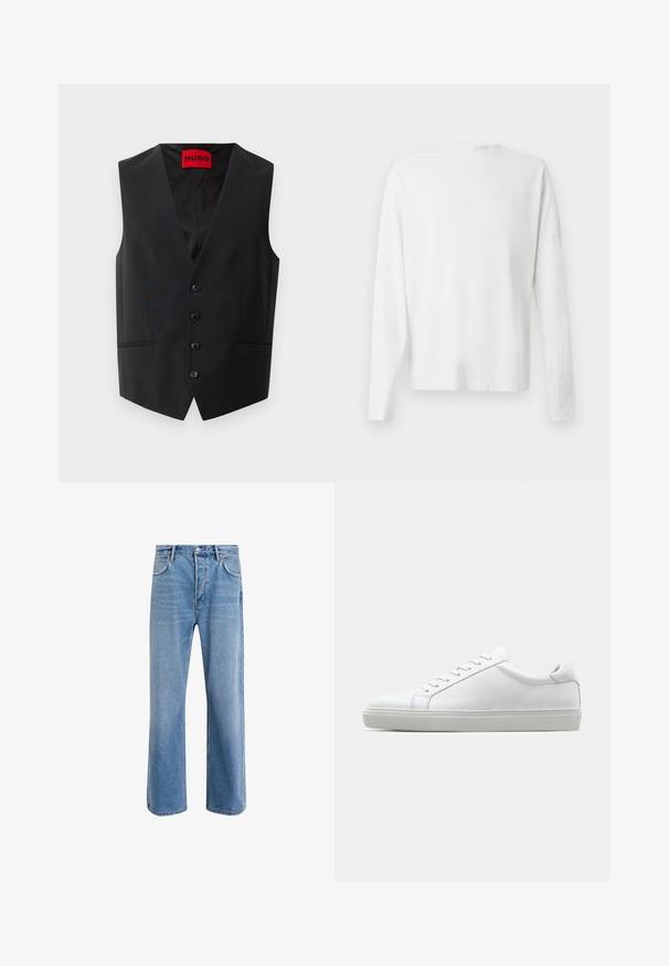 Černá vesta s hladkým povrchem, pět tlačítek na přední straně a dvě boční kapsy. Má hluboký výstřih do V a červenou etiketu uvnitř.; Bílá bavlněná košile s dlouhým rukávem a kulatým výstřihem, s bočními rozparky na spodní části a hladkým povrchem, vystavená zezadu.; Světle modré džínové kalhoty s rovnými nohavicemi, pěti kapsami, zapínáním na knoflík, minimálním vyblednutím a kontrastním prošitím.; Bílé tenisky s hladkým koženým svrškem a nízkým profilem. Mají zaoblenou špičku, šest nýtů a texturovanou gumovou podrážku.