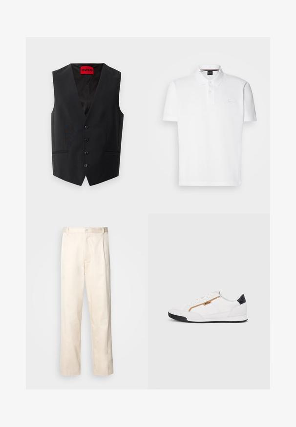 Svart kjolevest med en glatt tekstur, fem-knappers frontlukking og to sidelommer. Har en dyp V-hals og et rødt merke innvendig.; Hvit polo skjorte laget av en bomulls-polyester blanding, med krage, to-knapps knappestolpe og en diskré brodert logo på brystet.; Beige bomullsbukser med rett benfatt, med knappelukking og folder foran for ekstra detaljer.; Hvite sporty sko med mesh- og lærdetaljer. Har en gull "BOSS"-logo, teksturerte sidepaneler og en svart hælbru. Gummisåle.