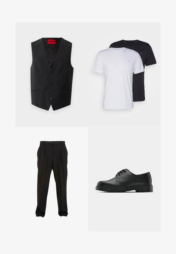 Gilet nero con una texture liscia, chiusura frontale a cinque bottoni e due tasche laterali. Presenta un profondo scollo a V e un'etichetta rossa all'interno.; Due magliette in cotone, una bianca e una nera, a maniche corte con scollo tondo, caratterizzate da un piccolo logo sul petto e una trama liscia.; Pantaloni neri in tessuto morbido, con pieghe frontali, vita con bottone e polsini a gamba affusolata. Silhouette classica e sartoriale.; Scarpa oxford in pelle nera con design con lacci, punta arrotondata, suola piatta in gomma e dettagli di cucitura discreti lungo la parte superiore.
