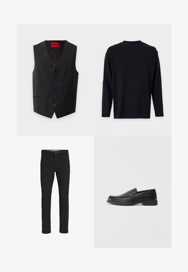 Sort vest i kjole med en glat tekstur, fem-knap lukning foran og to sidelommer. Har en dyb V-udskæring og en rød etiket indeni.; Sort langærmet t-shirt lavet af glat stof. Har rund halsudskæring, løs pasform og ingen synlige mønstre eller pynt.; Sorte bomuldsblandede bukser med slim fit, der har en knaplukning, lommer og opbrugte stumper for et afslappet udtryk.; Sorte læderslippers med en glat finish, mokkasin-stil overdel, syninger og gummisål. Klassisk design med en lav hæl.