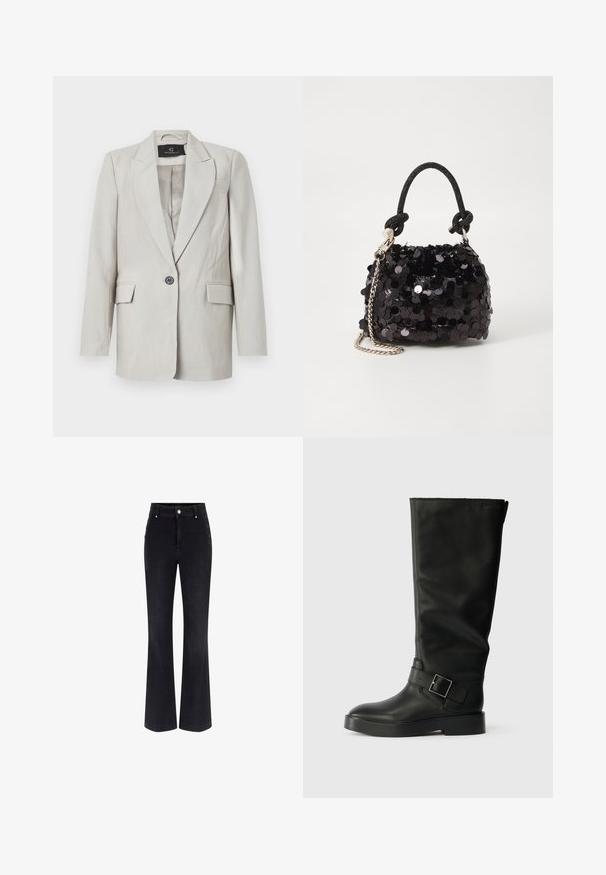 Svetlo sivi blejzer z strukturirano obliko, ki ima en sam črn gumb, dve sprednji žep in reberasti ovratnik. Gladka tekstura tkanine.; Črna brezrokavna majica z V-izrezom, izdelana iz gladkega materiala. Ima nabranja na ramenskih delih in sproščen kroj, z ravnim robom.; Črne flared jeans iz denima z visokim pasom, petimi žepi in kovinskimi gumbi na straneh. Gladka tekstura in klasičen kroj.; Črne škornje do kolen iz gladkega usnja, z okroglo noskom, debelim podplatom in vodoravno zanko z detajlom pravokotne sponke.; Črna mini torbica s palčkami iz bleščic, z vozlanim teksturiranim trakom in srebrnima verigama. Okrogla oblika z nabranim vrhom in odsevnimi detajli.