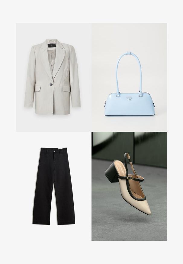 Svijetlosivi blejzer sa strukturiranim dizajnom, s jednim crnim dugmetom, dva prednja džepa i izrezanim reverom. Glatka tekstura tkanine.; Crna majica s kratkim rukavima od mekog materijala, s okruglim izrezom i opuštenim krojem, s glatkom teksturom i bez uzoraka.; Crne široke traperice s visokim strukom, s prednjim i stražnjim džepovima, šivenim šavovima i kopčanjem na gumb. Glatka tekstura.; Bež cipele s otvorenom petom i šiljastim vrhom, crnim obrubom, zlatnom kopčom i debelim blok-petom na sivom podu s tamnozelenom pozadinom.; Svijetloplavi ručni torbica sa strukturiranim oblikom, glatka kožna materija, dva ručka i trokutasti brend logotip na prednjoj strani. Zatvaranje na patentni zatvarač.